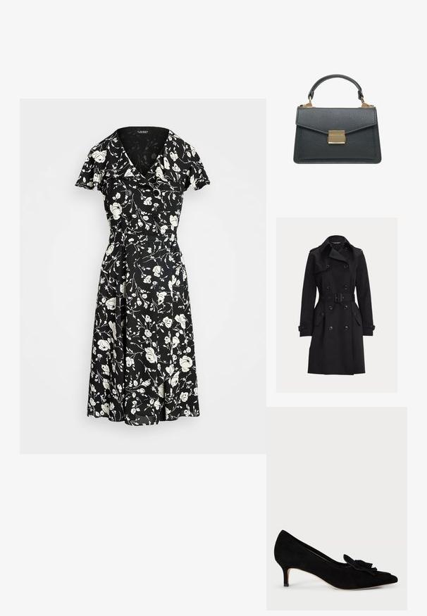 Schwarzer doppelreihiger Trenchcoat mit Gürtel, Schulterklappen, mit Knöpfen verschlossenen Taschen mit Klappen und Manschettenriemen, dargestellt auf einem schlichten Hintergrund.; Schwarzes Kleid mit weißem Blumenmuster, kurzen Ärmeln, V-Ausschnitt und Knopf-Details. Ausgestellter Rock für einen fließenden Sitz. Material scheint leicht zu sein.; Schwarze Wildleder-Pumps mit hohem Absatz und spitzem Zehenbereich, dekorativem Schleifenverschluss und schlankem 5 cm Absatz. Glatte Textur und klassische Silhouette.; Schwarze, strukturierte Lederhandtasche mit kurzem Griff und rechteckigem goldfarbenem Verschluss an der vorderen Klappe.