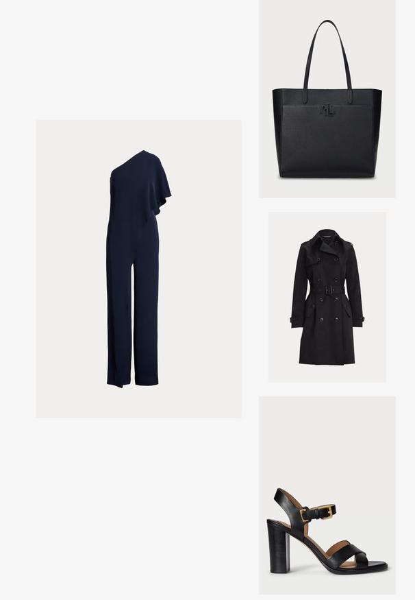 Schwarzer doppelreihiger Trenchcoat mit Gürtel, Schulterklappen, mit Knöpfen verschlossenen Taschen mit Klappen und Manschettenriemen, dargestellt auf einem schlichten Hintergrund.; Marineblauer Jumpsuit mit einseitiger Schulter, versehen mit einem drapierten Volant auf einer Seite, taillierter Schnitt mit weitem Bein, gefertigt aus glattem, leichtem Stoff.; Schwarze Leder-Absatzsandalen mit einem überkreuzten Riemendesign und einem Schnallenverschluss. Sie verfügen über einen dicken Absatz und eine glatte Textur.; Schwarze Ledertragetasche mit strukturiertem Oberflächen, doppelten Griffen und geprägt "RL" Logo auf der Vorderseite. Rechteckige Form, minimalistisches Design.