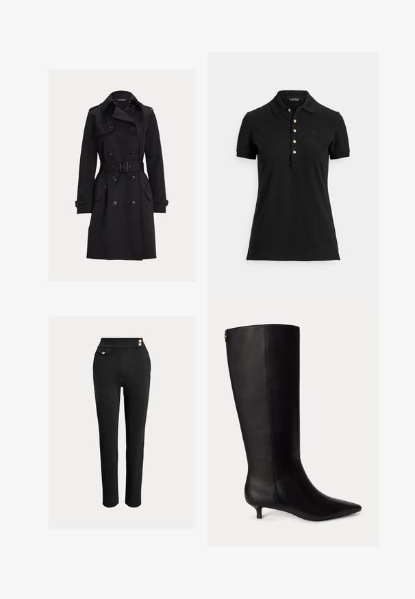 Schwarzer doppelreihiger Trenchcoat mit Gürtel, Schulterklappen, mit Knöpfen verschlossenen Taschen mit Klappen und Manschettenriemen, dargestellt auf einem schlichten Hintergrund.; Schwarzes Poloshirt aus strukturiertem Stoff mit Kragen, kurzen Ärmeln und einer Knopfleiste mit goldfarbenen Knöpfen. Dezentes Logodetail auf der Brust.; Schwarze, figurbetonte Hose mit hoher Taille, dekorativen goldenen Knöpfen am Bund und einer kleinen Klappentasche auf der rechten Seite.; Schwarzer kniehoher Lederstiefel mit spitzer Zehe und niedrigem Kittenheel, seitlich auf einfarbigem Hintergrund dargestellt.