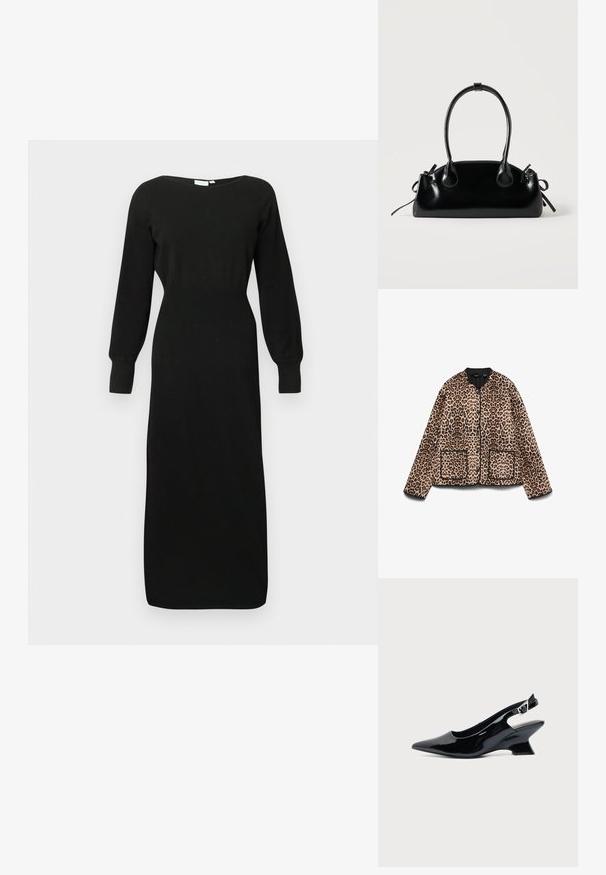 Leopardmønstret jakke med rund halsudskæring, sort trim og to forlommer. Stoffet ser blødt ud med en pelslignende tekstur.; Sort langærmet midikjole med tætsiddende talje, rund halsudskæring og ærmer med manchetter, vist mod en ensfarvet lys baggrund.; Sort laklæder slingback sko med spids tå og lav vinklet blokhæl på ensartet lys baggrund.; Lille sort blank håndtaske med to lange håndtag og snøre-detaljer i siden på en ensfarvet lys baggrund.
