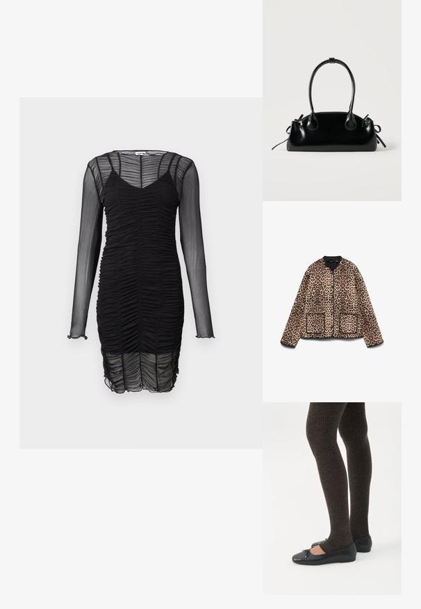 Veste à imprimé léopard avec un col rond, des bordures noires et deux poches avant. Le tissu semble doux avec une texture ressemblant à de la fourrure.; Robe noire à manches longues en tissu transparent froncé. Elle présente un décolleté en V et une silhouette ajustée, avec un subtil volant au bas des manches.; Jambes portant des leggings côtelés foncés associés à des ballerines noires avec de petits détails en nœud sur fond blanc.; Petit sac à main noir brillant avec deux longues anses et des détails à cordon sur les côtés sur un fond clair uni.