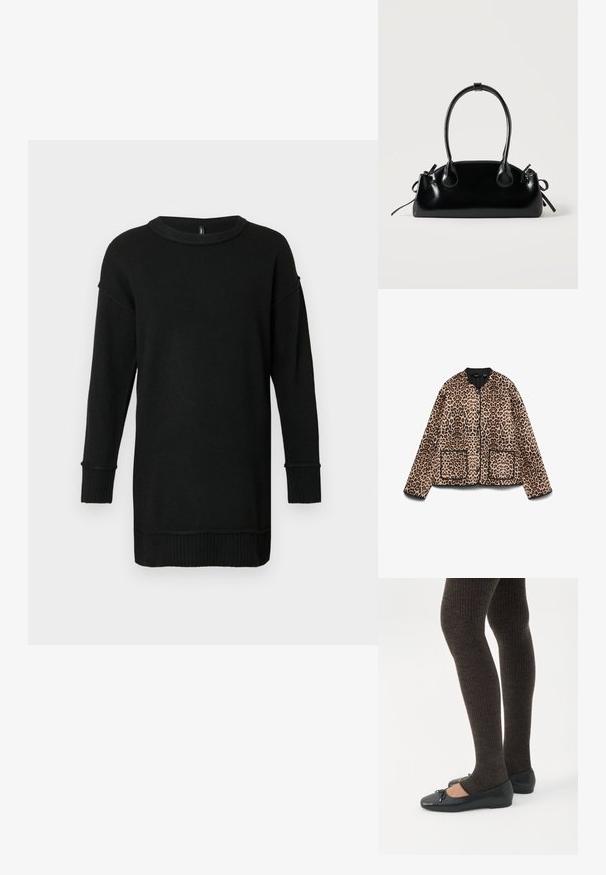 Leopardmønstret jakke med rund halsudskæring, sort trim og to forlommer. Stoffet ser blødt ud med en pelslignende tekstur.; Lang sort strikket sweater med ribbede manchetter og kant, rund hals, og sænkede skuldersømme på en lys grå baggrund.; Ben iført mørke ribbede leggings kombineret med sorte balletsko med små sløjfedetaljer på hvid baggrund.; Lille sort blank håndtaske med to lange håndtag og snøre-detaljer i siden på en ensfarvet lys baggrund.