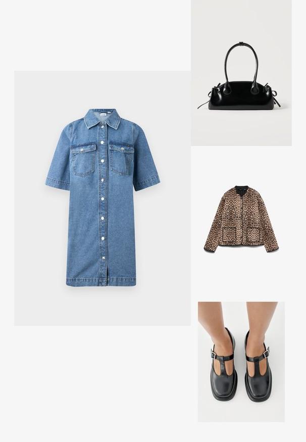 Veste à imprimé léopard avec un col rond, des bordures noires et deux poches avant. Le tissu semble doux avec une texture ressemblant à de la fourrure.; Robe chemise en denim, couleur bleu clair, manches courtes, devant à boutons, deux poches poitrine, coupe droite et ourlet légèrement évasé.; Chaussures en cuir noir avec un design à bride en T, bout fermé et accents de boucles argentées. Texture lisse avec un bout arrondi et une semelle plate.; Petit sac à main noir brillant avec deux longues anses et des détails à cordon sur les côtés sur un fond clair uni.
