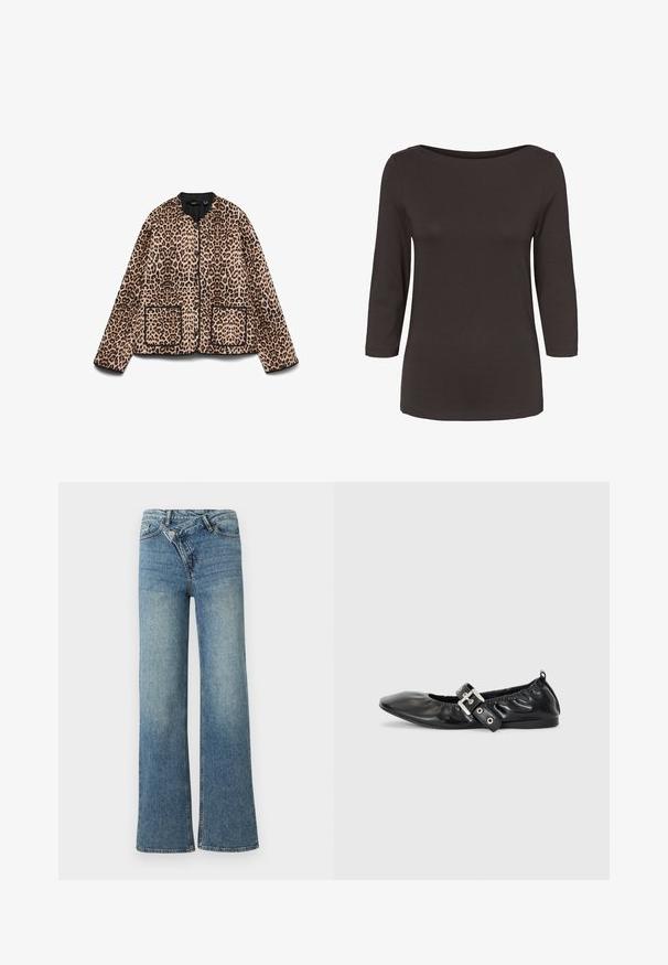 Leopardmønstret jakke med rund halsudskæring, sort trim og to forlommer. Stoffet ser blødt ud med en pelslignende tekstur.; Dame mørkebrune langærmede skjorte med bådhals og figursyet silhuet.; Lyseblå denim jeans med vide ben og høj talje, let falmet effekt og knaplukning foran. Har fem lommer og minimal syning.; Sorte læder flade sko med spids tå, samling detaljer omkring åbningen, og en sølv spænde accent på den justerbare rem.