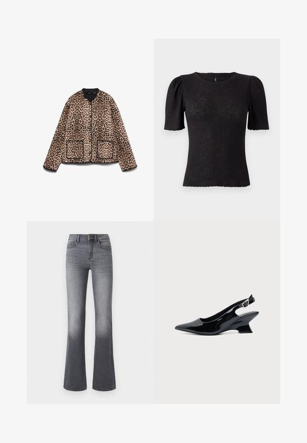 Veste à imprimé léopard avec un col rond, des bordures noires et deux poches avant. Le tissu semble doux avec une texture ressemblant à de la fourrure.; Haut noir côtelé avec manches courtes bouffantes, encolure arrondie, tissu texturé et bord festonné aux ouvertures des manches.; Jean flare taille haute en denim gris foncé, avec poches frontales, fermeture à bouton et légère décoloration vers l'ourlet.; Chaussure slingback en cuir verni noir avec bout pointu et petit talon bloc incliné sur fond clair uni.