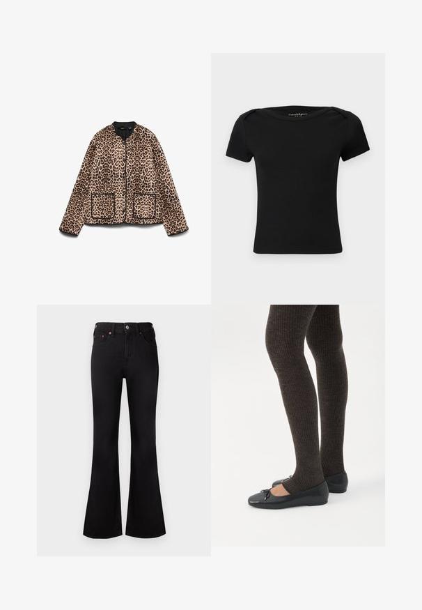 Veste à imprimé léopard avec un col rond, des bordures noires et deux poches avant. Le tissu semble doux avec une texture ressemblant à de la fourrure.; Haut noir côtelé à manches courtes ajusté avec encolure bateau et étiquette "Casual Elegance ONLY" à l'intérieur du col.; Jean noir taille haute évasé avec bouton et fermeture éclair à l'avant, design à cinq poches, et détails de rivets en cuivre sur fond blanc.; Jambes portant des leggings côtelés foncés associés à des ballerines noires avec de petits détails en nœud sur fond blanc.