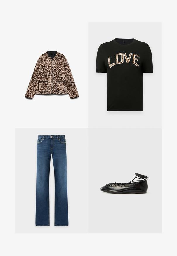 Jaspisjack met een ronde halslijn, zwarte afwerking en twee zakken aan de voorkant. De stof lijkt zacht met een vachtachtige textuur.; Zwart T-shirt met korte mouwen en een ronde hals, met het woord "LOVE" in witte letters en leopardprint.; Donkerblauwe rechte jeans met vijf zakken, metalen knoopsluiting en kleine zilverkleurige studs langs de randen van de voorzakken.; Zwarte ballerina's van lakleer met een afgeronde neus, veterdesign en een platte zool. Glad oppervlak met minimale details.