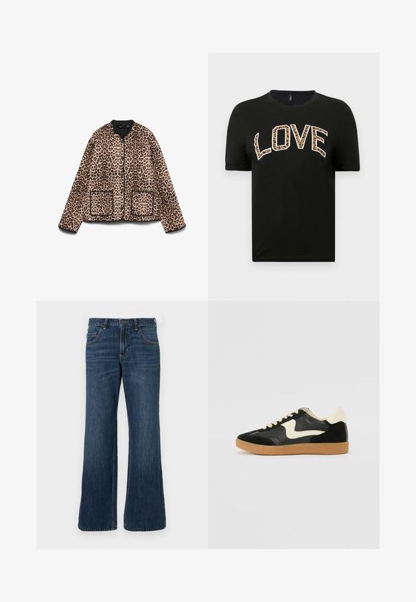 Veste à imprimé léopard avec un col rond, des bordures noires et deux poches avant. Le tissu semble doux avec une texture ressemblant à de la fourrure.; T-shirt noir à manches courtes avec un col rond, affichant le mot « LOVE » en lettres blanches et imprimé léopard.; Jean large bleu foncé avec une conception classique à cinq poches, doté d'une fermeture à bouton et de légères décolorations. Fabriqué en tissu denim.; Baskets en daim et cuir noir avec un swoosh latéral crème et un talon crème clair. Dotées de lacets beige et d'une semelle en caoutchouc gomme.