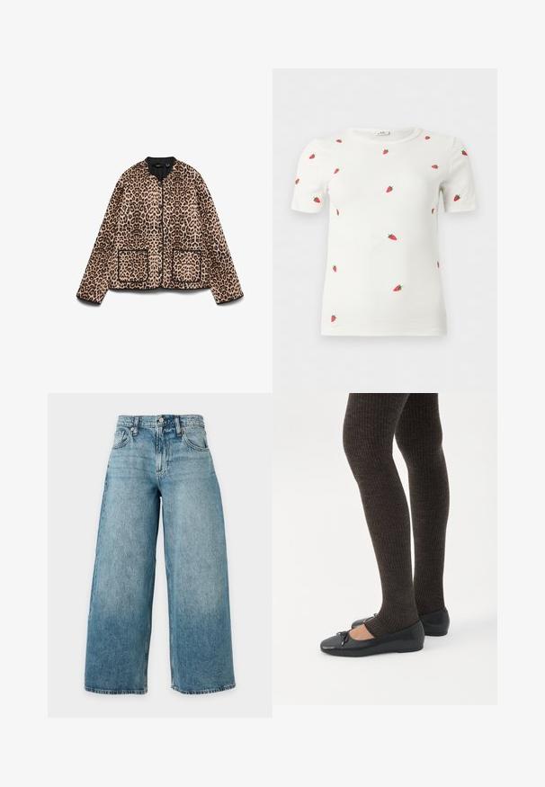 Leopardmønstret jakke med rund halsudskæring, sort trim og to forlommer. Stoffet ser blødt ud med en pelslignende tekstur.; Hvid kortærmet ribbet top med spredt små røde jordbærbroderier på forsiden, ærmerne og skuldrene.; Lyseblå denimjeans med høj talje, bred benudskæring, fem lommer, bæltestropper og knaplukning, vist mod en ensfarvet baggrund.; Ben iført mørke ribbede leggings kombineret med sorte balletsko med små sløjfedetaljer på hvid baggrund.