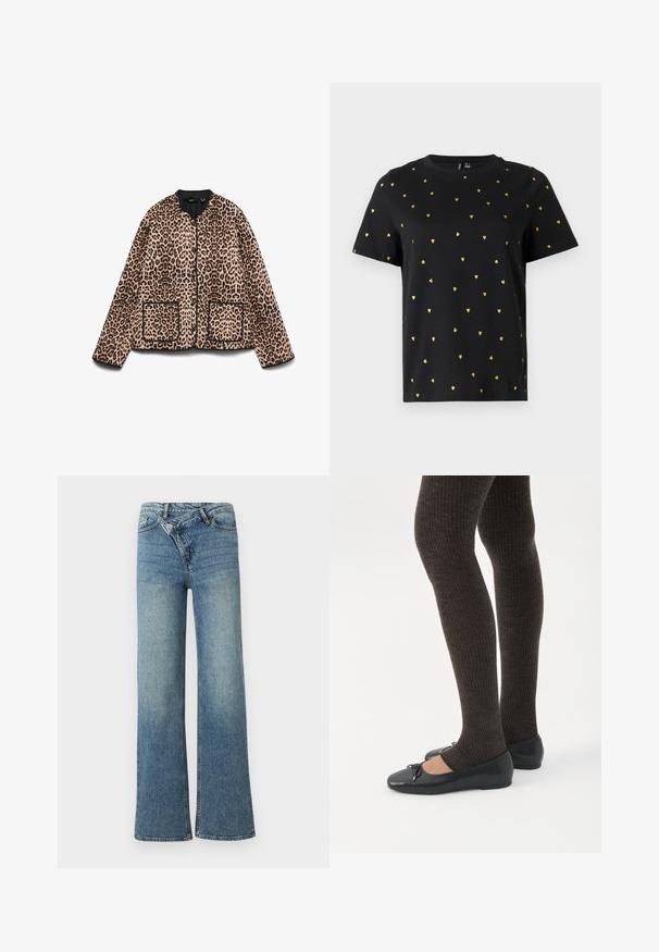 Veste à imprimé léopard avec un col rond, des bordures noires et deux poches avant. Le tissu semble doux avec une texture ressemblant à de la fourrure.; T-shirt noir à manches courtes en coton, arborant de petits motifs en forme de cœur doré répartis uniformément sur le tissu. Col rond.; Jean en denim bleu clair à jambes larges avec une taille haute, un délavage clair et une fermeture à bouton à l'avant. Comprend cinq poches et des coutures minimales.; Jambes portant des leggings côtelés foncés associés à des ballerines noires avec de petits détails en nœud sur fond blanc.