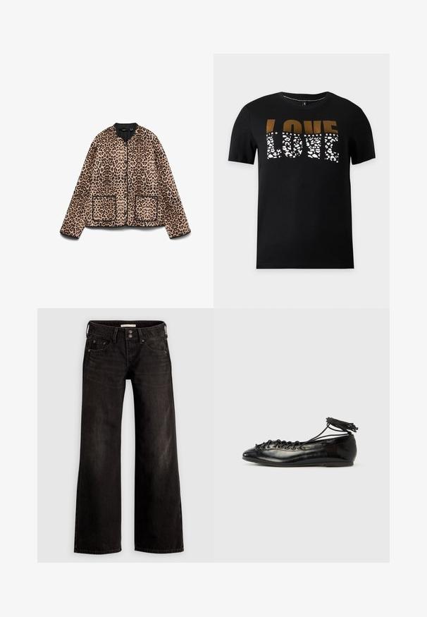 Leopardmønstret jakke med rund halsudskæring, sort trim og to forlommer. Stoffet ser blødt ud med en pelslignende tekstur.; Sort kortærmet T-shirt med ordet LOVE trykt med store bogstaver, med en blanding af guld- og hvide leopardmønstre.; Sorte bukser med vide ben og en let falmet finish, med forlommer, lynlås foran og knaplukning. Fremstillet af denimstof.; Sorte balletflade sko i laklæder med rundet tå, snørelukning og flad sål. Glat tekstur med få detaljer.