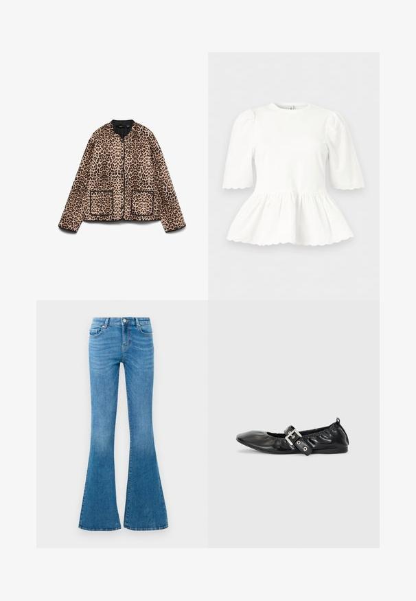 Jaspisjack met een ronde halslijn, zwarte afwerking en twee zakken aan de voorkant. De stof lijkt zacht met een vachtachtige textuur.; Witte blouse met opgeblazen ellebooglange mouwen, een getailleerde taille en gegolfde randen aan mouwen en zoom, weergegeven tegen een effen achtergrond.; Blauwe spijkerbroeken met uitlopende pijpen en een mid-rise taille, voorzien van vijf zakken, een standaard knoopsluiting en een lichte vervaging voor textuur.; Zwarte leren platte schoen met een spitse neus, geplooide details rond de opening en een zilveren gespaccentueerde verstelbare band.