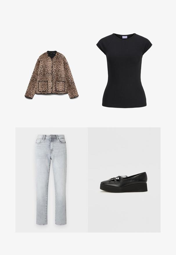 Leopardmønstret jakke med rund halsudskæring, sort trim og to forlommer. Stoffet ser blødt ud med en pelslignende tekstur.; Sort tætsiddende T-shirt med korte ærmer, rund udskæring og lilla mærke med brandnavn indvendigt i kraven.; Lysegrå jeans med lige ben, knaplukning, forlommer og bæltestropper, vist på en ens hvid baggrund.; Sorte læder platform sko med en rund tå, udstyret med en flad sort sål og dekorativ sløjfelacing foran.