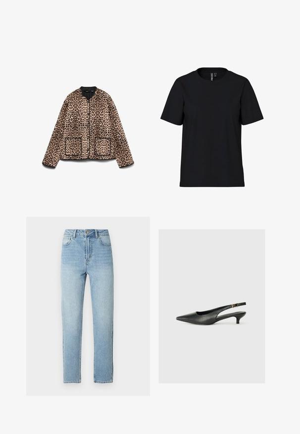 Veste à imprimé léopard avec un col rond, des bordures noires et deux poches avant. Le tissu semble doux avec une texture ressemblant à de la fourrure.; T-shirt noir à manches courtes en tissu doux avec un col rond. Design simple sans motifs ni accents, coupe droite à l'ourlet.; Jean en denim bleu clair de coupe droite, style cinq poches, fermeture par bouton en métal, avec un léger effet délavé sur le devant.; Chaussure slingback noire à bout pointu en cuir lisse. Présente un talon fin et un détail de boucle sur la sangle réglable.