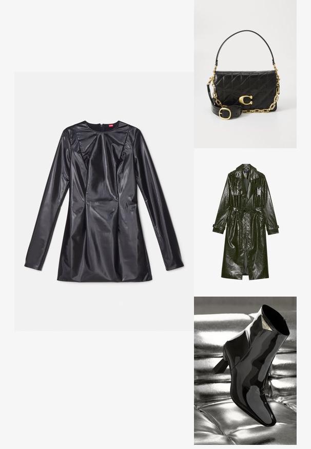 Pikk roheline kunstnahast trench coat krokodillimustriga, vöödiga taljes, laiad kraed ja üleskeeratavad varrukad. Stiliseeritud disain läikiva viimistlusega.; 032c TRAPEZE TOO TIGHT MINI DRESS - Kokteilikleit/peokleit - black luster; Mustmust mustjalats, millel on terav nina ja ruudukujuline konts. Omab kuldset logo plaati ning sujuvat ja läikivat viimistlust.; Must mustre, millel on lapitšel riie, kullast kottide keti rihm ja silmatorkav kullast luku. Sisaldab eemaldatavat nahkrihma mitmekesisuse saavutamiseks.