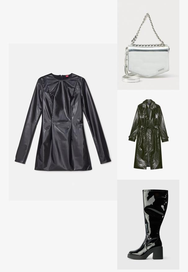 Abrigo trench de piel sintética verde largo con textura de cocodrilo, cintura ceñida, solapas anchas y mangas enrollables. Diseño elegante con acabado brillante.; 032c TRAPEZE TOO TIGHT MINI DRESS - Vestido de cóctel - black luster; Botas de charol negras hasta la rodilla con una superficie lisa y brillante, punteras cuadradas y tacones gruesos negros. Detalles de costura a lo largo del costado.; Bolso bandolera metálico plateado con correa de cadena, forma geométrica, textura suave y detalle de logo. Cuenta con cierre de cremallera y costura decorativa.
