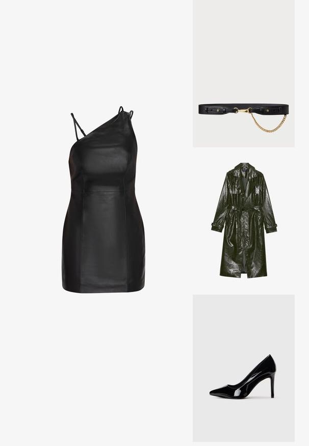 Abrigo trench de piel sintética verde largo con textura de cocodrilo, cintura ceñida, solapas anchas y mangas enrollables. Diseño elegante con acabado brillante.; Vestido de cuero negro con un escote asimétrico, finas tiras ajustables, silueta ajustada y textura suave.; Zapato de charol negro de tacón alto con punta afilada, exhibido sobre un fondo blanco liso.; Cinturón de cuero negro con un cierre de metal dorado y un acento de cadena decorativa dorada. Cuenta con agujeros ajustables y una textura suave.