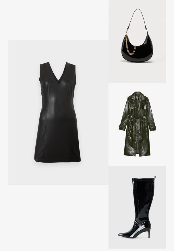 Pikk roheline kunstnahast trench coat krokodillimustriga, vöödiga taljes, laiad kraed ja üleskeeratavad varrukad. Stiliseeritud disain läikiva viimistlusega.; Mustat ilmanhihoitta faux nahast kleit V-kaelusega ja istuvate õmblustega, põlvepikkune, heledal taustal.; Must musta kõrge kontsaga saapad, millel on terav varvas ja kitsas kõrge konts. Omab tagumist lukku ja sujuvat, läikivat tekstuuri.; Mustast lakknahast käekott kõvera kujuga, õhuke õlakinnitus ja kuldse ahela detail esiküljel. Sile pind, minimalistlik disain.
