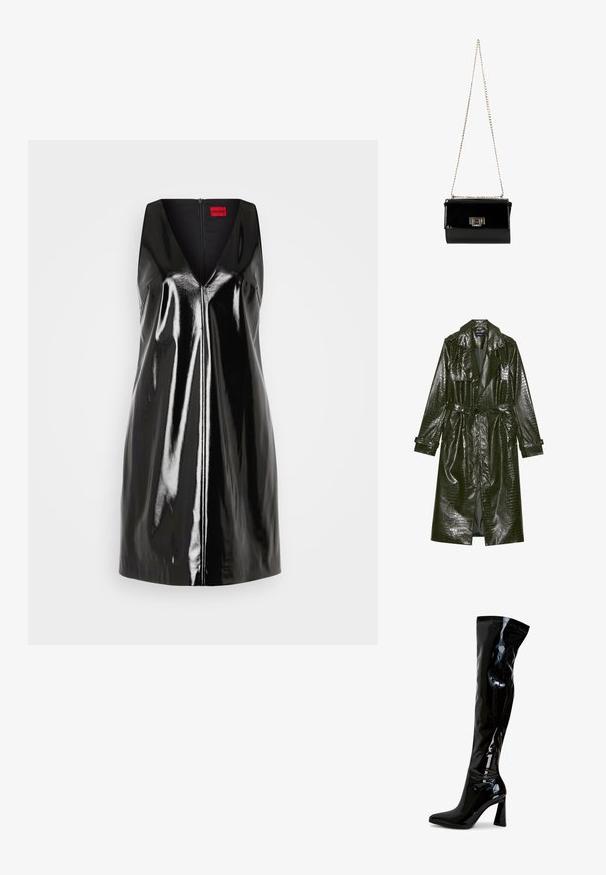 Lang grøn faux læder trench coat med krokodille tekstur, bælte i taljen, brede klapper og op rullede ærmer. Stilfuldt design med glansfinishing.; Sort, ærmeløs kjole med V-udskæring og blank, reflekterende overflade; har en central lynlås og minimalistisk design.; Sorte laklæderstøvler, der går til låret, med spids snude, firkantet blokhæl og glat, blank tekstur. Ingen synligt hardware.; Sort patentlæder håndtaske med en guldkæde-strop, rektangulær form, med en frontklaplukning og et metallisk logo-accent.