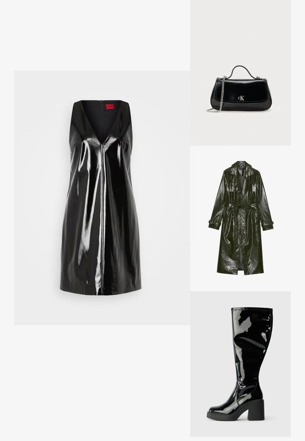Abrigo trench de piel sintética verde largo con textura de cocodrilo, cintura ceñida, solapas anchas y mangas enrollables. Diseño elegante con acabado brillante.; Vestido negro sin mangas con escote en V y acabado brillante y reflectante; presenta una cremallera central y un diseño minimalista.; Botas de charol negras hasta la rodilla con una superficie lisa y brillante, punteras cuadradas y tacones gruesos negros. Detalles de costura a lo largo del costado.; Bolso de mano de cuero negro con correa de cadena, forma estructurada y un acento de logo plateado. Textura suave con cierre de solapa.