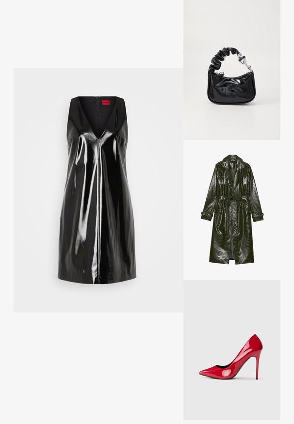 Lange groene neplederen trenchcoat met een krokodillenstructuur, een ceintuur in de taille, brede revers en opgerolde mouwen. Stijlvol design met glanzende afwerking.; Zwarte mouwloze jurk met een V-hals en glanzende, reflecterende afwerking; heeft een centrale ritssluiting en een minimalistisch design.; Glanzende rode hoge hak met spitse neus en stilettohak, getoond in zijprofiel op een effen lichte achtergrond.; Zwarte, glanzende handtas van patenten materiaal met een gerimpelde handgreep, zilverkleurige hardware, ronde vorm, ritssluiting en een gladde, glanzende textuur.