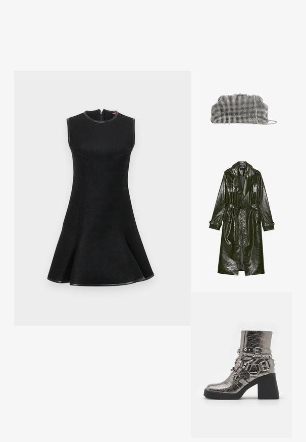 Abrigo trench de piel sintética verde largo con textura de cocodrilo, cintura ceñida, solapas anchas y mangas enrollables. Diseño elegante con acabado brillante.; Vestido negro sin mangas con falda acampanada, tejido texturizado, costuras curvadas y cierre de cremallera en la parte posterior. Acentuado con un ribete negro.; Botín metálico plateado con múltiples correas negras, tachuelas plateadas y un tacón negro grueso. Superficie texturizada con un acabado brillante.; Reiss ADALINE EMBELLISHED - Clutch - silver coloured