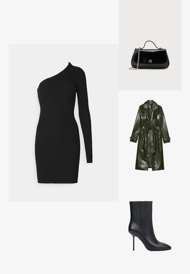 Lange groene neplederen trenchcoat met een krokodillenstructuur, een ceintuur in de taille, brede revers en opgerolde mouwen. Stijlvol design met glanzende afwerking.; Zwarte geribbelde gebreide jurk met een asymmetrisch ontwerp met één schouder, een aansluitende silhouet en lange mouw aan één zijde.; Zwarte leren enkellaars met puntige neus en dunne stilettohak, gladde textuur, zijaanzicht op witte achtergrond.; Zwarte leren handtas met een ketting schouderband, gestructureerde vorm en een zilveren logo-accent. Gladde textuur met een flapsluiting.