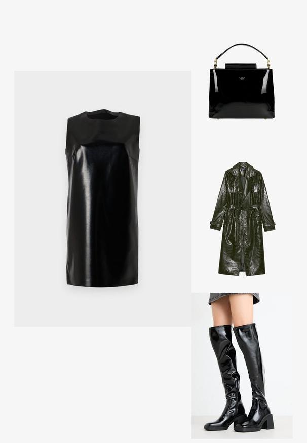 Langer grüner Kunstleder-Trenchcoat mit Krokodil-Prägung, taillierter Taille, breiten Revers und hochrollbaren Ärmeln. Stylisches Design mit glanzvollem Finish.; Schwarzes ärmelloses Kleid aus glänzendem Material, mit rundem Ausschnitt, klaren Linien und gerader Silhouette. Glatte Textur, keine sichtbaren Beschläge.; Schwarze, glänzende kniehohe Stiefel mit eckiger Spitze und blockiertem Absatz. Mit einem seitlichen Reißverschluss und einem taillierten, strukturierten Design.; Schwarze Handtasche aus Lackleder mit strukturiertem Design, ausgestattet mit einem oberen Griff, goldenen Hardware-Akzenten und einer kleinen Frontklappe.