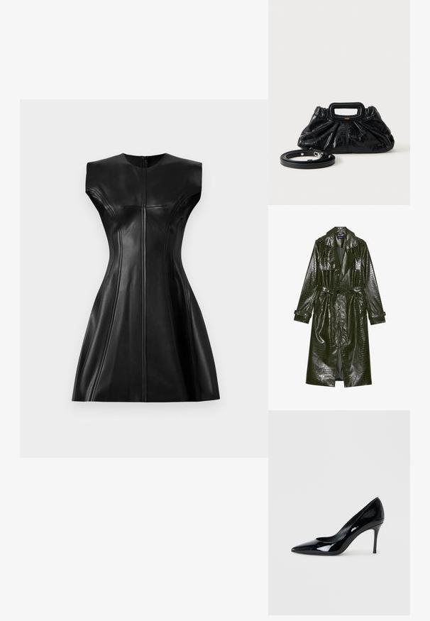 Lange groene neplederen trenchcoat met een krokodillenstructuur, een ceintuur in de taille, brede revers en opgerolde mouwen. Stijlvol design met glanzende afwerking.; Zwarte leren jurk met een aansluitend lijfje, hoge halslijn en een uitlopende rok. Opmerkelijke stikseldetails langs de naden en een ritssluiting aan de achterkant.; Zwarte lakschoenen met een puntige neus en een slanke stilettohak. Soepele textuur met een glanzende afwerking en een minimalistisch ontwerp.; Kleine zwarte leren handtas met geplooide textuur, rechthoekige handgreep en afneembare dunne schouderriem ernaast geplaatst.