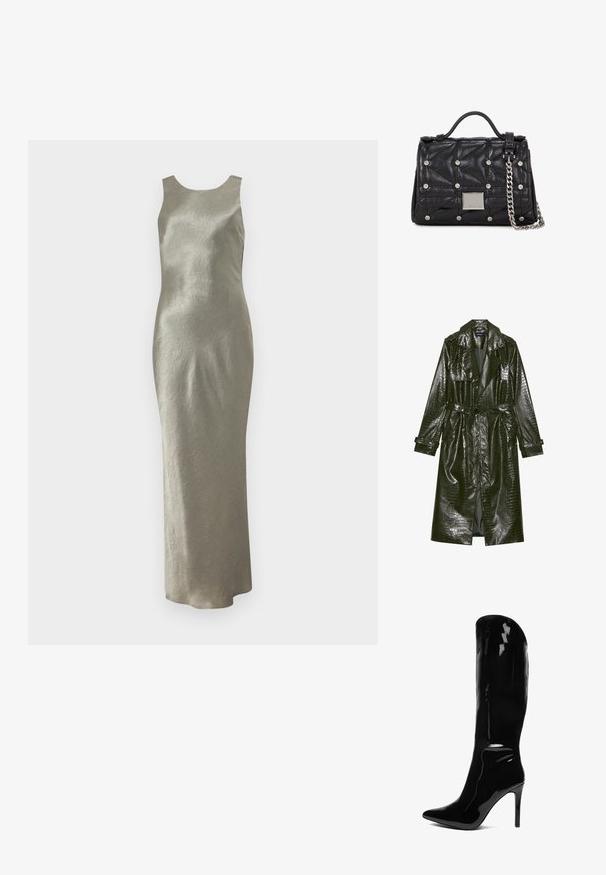 Lang grøn faux læder trench coat med krokodille tekstur, bælte i taljen, brede klapper og op rullede ærmer. Stilfuldt design med glansfinishing.; Lang, ærmeløs kjole i lys olivengrøn, lavet af tekstureret stof med en enkel silhuet og rund halsudskæring. Ingen synlige udsmykninger.; Knæhøj, patenteret sort stiletto-støvle med spids tå. Den glatte tekstur og det høje design skaber en slank, tætsiddende silhuet.; Sort quiltet håndtaske med en skinnende tekstur, metalliske detaljer, en kædestrop og diamantformet syning med cirkulære dekorationer.