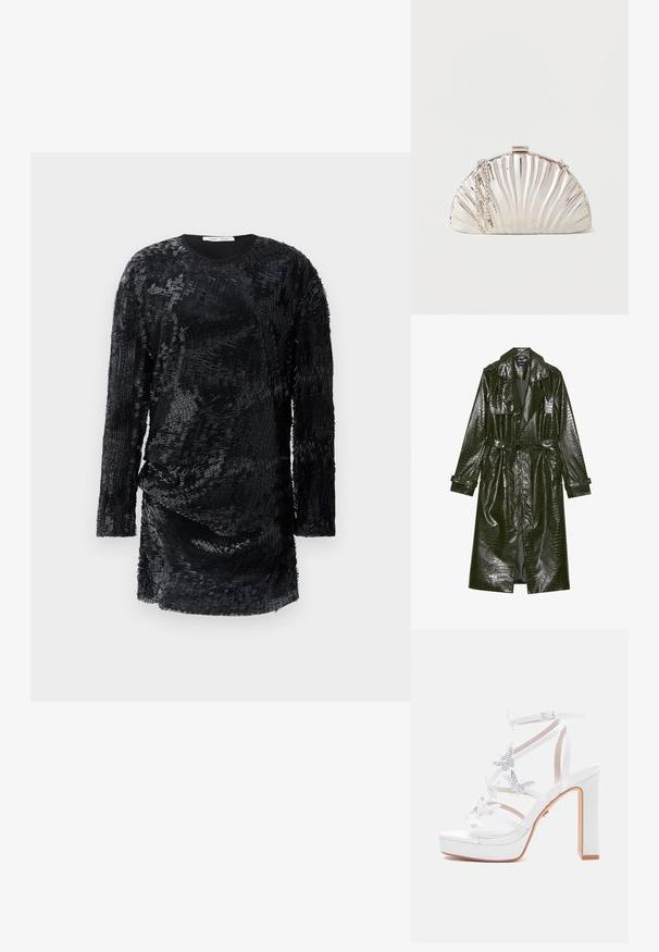 Pikk roheline kunstnahast trench coat krokodillimustriga, vöödiga taljes, laiad kraed ja üleskeeratavad varrukad. Stiliseeritud disain läikiva viimistlusega.; Must have pikkade varrukatega must kleit tekstureeritud, kihilise kangaga, millel on laineline muster ja ümardatud kaelus. Kehaümbritsev siluett, põlve pikkuses.; Valged kõrged platvormkontsadega sandaalid pahkluurihmaga ja kaunistavate rhinestone-liblikate detailidega mitmel eesmistel rihmadel.; Metalse hõbedane õlakott, mis on kujundatud nagu merekest, külge riputatud hõbedase kettidega.