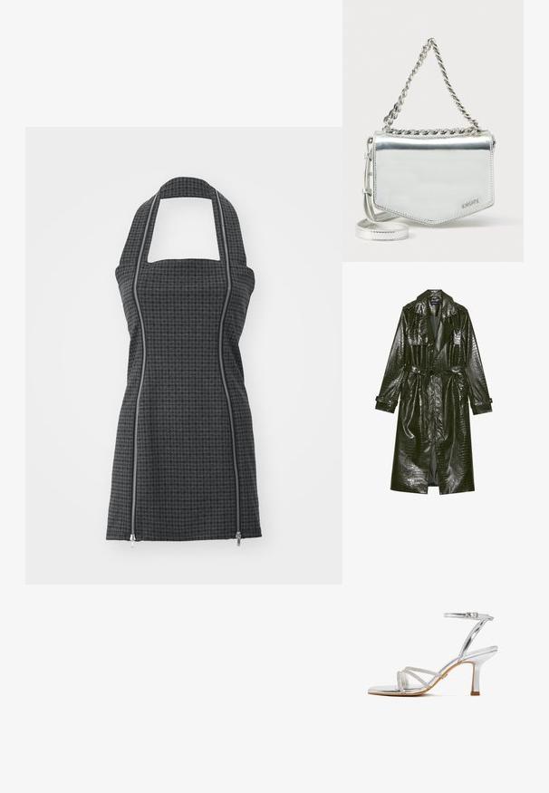 Abrigo trench de piel sintética verde largo con textura de cocodrilo, cintura ceñida, solapas anchas y mangas enrollables. Diseño elegante con acabado brillante.; Delantal negro y gris con patrón, con cuello halter, escote cuadrado, detalles de cremallera frontal y forma ajustada. Hecho de tela texturizada.; Sandalia de tacón alto plateada con tiras, hebilla en el tobillo, finas tiras frontales con cristales y tacón curvado de altura media sobre suela color beige.; Bolso bandolera metálico plateado con correa de cadena, forma geométrica, textura suave y detalle de logo. Cuenta con cierre de cremallera y costura decorativa.