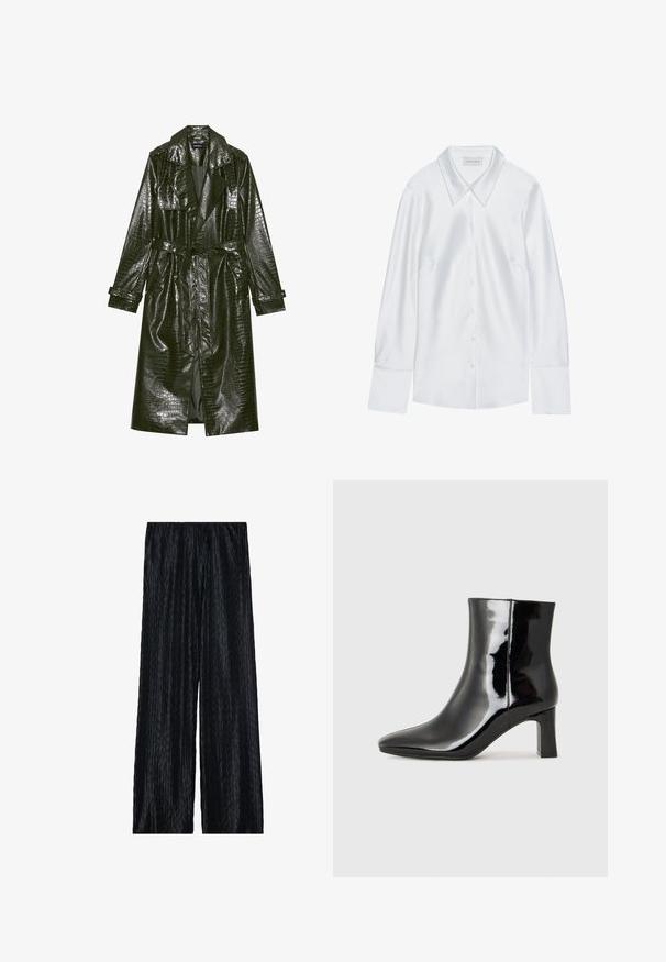 Lang grøn faux læder trench coat med krokodille tekstur, bælte i taljen, brede klapper og op rullede ærmer. Stilfuldt design med glansfinishing.; Hvid langærmet skjorte med klassisk krave, med knaplukning fortil og glat tekstur, lavet af letvægtigt stof med en subtil glans.; sorte plisserede bukser med brede ben lavet af tekstureret materiale med et lodret zigzag-mønster og elastisk talje for en behagelig pasform.; Sort lakeret ankelstøvle med spids tå og en midt-højde blokhæl. Glat tekstur og minimalistisk design.
