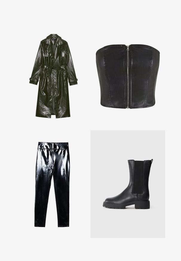 Pikk roheline kunstnahast trench coat krokodillimustriga, vöödiga taljes, laiad kraed ja üleskeeratavad varrukad. Stiliseeritud disain läikiva viimistlusega.; Must musta korse lõhikuga, millel on struktureeritud lõige. Keskel on hõbedane tõmblukk ja õmblused üle kogu keha. Sile tekstuur.; Mustad mustad läikedega leggings, mis omavad läikivat ja sujuvat pindala. Elastne vöökoht ja vormitud disain kitseneva jala kujuga.; Mustad musta nahast pahkluu saabas elastsete külgpaneelidega, ümar toe ja jäme kummist tallaga. Omab peent logo külje peal.
