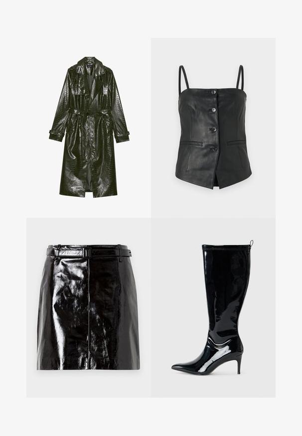 Abrigo trench de piel sintética verde largo con textura de cocodrilo, cintura ceñida, solapas anchas y mangas enrollables. Diseño elegante con acabado brillante.; Top de cuero negro sin mangas con cuatro botones frontales, tirantes delgados y dos solapas de bolsillo horizontales sobre un fondo blanco liso.; Mini falda de cuero negro brillante con un cinturón a juego y detalles de costura central.; Bota de cuero charol negra hasta la rodilla con punta afilada y un tacón alto y delgado. Cuenta con un cierre zip en la parte trasera y una textura lisa y brillante.
