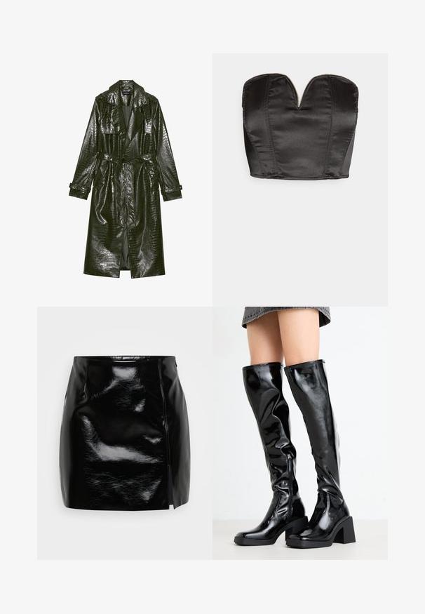 Langer grüner Kunstleder-Trenchcoat mit Krokodil-Prägung, taillierter Taille, breiten Revers und hochrollbaren Ärmeln. Stylisches Design mit glanzvollem Finish.; Vero Moda VMSALLY CROPPED SIMILI CORSAGE - Top - black; Schwarzer Minirock aus glänzendem Material. Verfügt über einen seitlichen Reißverschluss und einen Schlitz auf der rechten Seite für zusätzlichen Detail- und Designanspruch. Glatte Textur.; Schwarze, glänzende kniehohe Stiefel mit eckiger Spitze und blockiertem Absatz. Mit einem seitlichen Reißverschluss und einem taillierten, strukturierten Design.