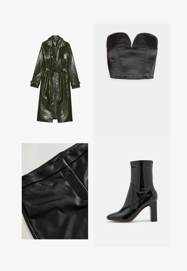 Pikk roheline kunstnahast trench coat krokodillimustriga, vöödiga taljes, laiad kraed ja üleskeeratavad varrukad. Stiliseeritud disain läikiva viimistlusega.; Vero Moda VMSALLY CROPPED SIMILI CORSAGE - Topp - black; Mustast faux nahast püksid, sujuva tekstuuriga, lamedate vöödega, eesmise taskuga ja vaevumärgatava brändi sildiga "NEXT" vööl.; Call it Spring Klassikalised poolsaapad - black