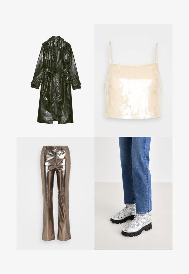 Pikk roheline kunstnahast trench coat krokodillimustriga, vöödiga taljes, laiad kraed ja üleskeeratavad varrukad. Stiliseeritud disain läikiva viimistlusega.; Beež crop-top õhukeste rihmadega, millel on sädelev tekstuur, mis peegeldab valgust ja loob heleduse efekti pinna kohal.; Metallist pronksist laiemad püksid läikiva pinnaga, millel on standardsed taskud ja tõmbluku sulgemine, valmistatud siledast kangast.; Metallik hõbedased pahkluu saapad karmide mustade talladega, millel on pehmendatud ülemine osa ja nöörid, koos siniste sirgete ükstaskute teksajatega.