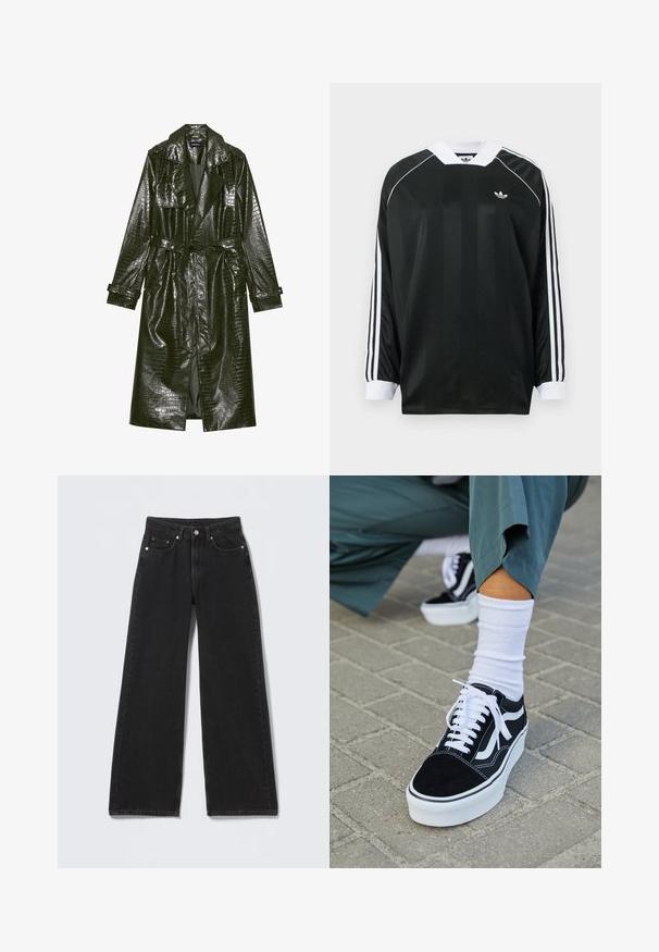 Lang grøn faux læder trench coat med krokodille tekstur, bælte i taljen, brede klapper og op rullede ærmer. Stilfuldt design med glansfinishing.; Sort langærmet skjorte med V-hals, med vertikale striber, hvide detaljer og tre hvide striber på hver ærme. Lille logo på brystet.; Sorte højttaljede bredbenede jeans med knap- og lynlåslukning foran, bæltestropper og fem forlommer på en lys baggrund.; Sorte ruskinds sneakers med hvide accenter og snørebånd, der har en tyk hvid sål og kontrasterende syninger, parret med en hvid sok.