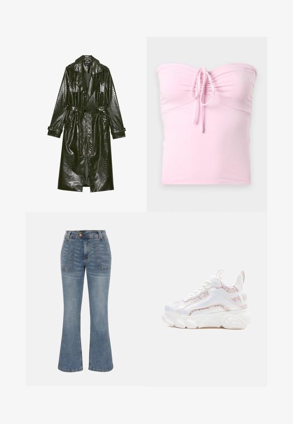 Lang grøn faux læder trench coat med krokodille tekstur, bælte i taljen, brede klapper og op rullede ærmer. Stilfuldt design med glansfinishing.; Hollister Co. TIE FRONT TUBE - Top - light pink; Blå denimjeans med høj talje, forlommer med lap, knap- og lynlås-lukning og en let udvidet ben-silhuet.; Hvid chunky sneaker med glitrende pink paneler, tyk sål, snørelukning foran og trækstrop ved hælen på en ensartet lys baggrund.