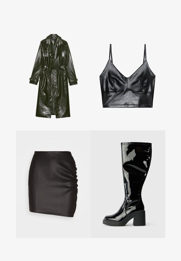 Lang grøn faux læder trench coat med krokodille tekstur, bælte i taljen, brede klapper og op rullede ærmer. Stilfuldt design med glansfinishing.; Sorte, skinnende bralette med tynde justerbare stropper, der har en V-udskæring, glat tekstur og subtil samling ved brystet for form.; Sort mini skirt lavet af glat syntetisk materiale, med rynket detaljer på den ene side og en tætsiddende silhuet.; Klassiske knæhøje støvler i sort patentlæder med en glat, skinnende overflade, firkantede tåspidser og kraftige sorte hæle. Søm detaljer langs siden.
