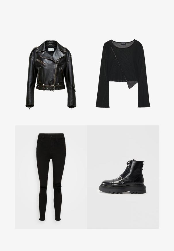 Veste de moto en cuir noir, courte, avec des coutures contrastées, des poches zippées et une taille ceinturée. Comprend de larges revers et des accents en métal argenté.; Crop top noir à manches longues en tissu léger et transparent. Il présente un col rond et un ourlet asymétrique avec une légère texture.; American Eagle SUPER HIGH RISE - Jegging - black wash; Bottine en cuir noir avec finition texturée, présentant un design à lacets, des accents en métal et une épaisse semelle en caoutchouc avec un profil prononcé.
