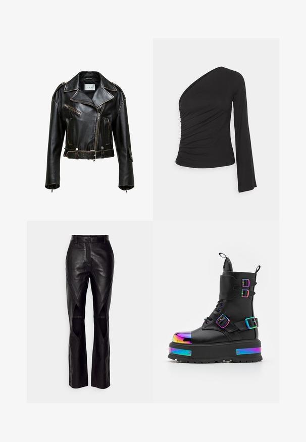 Veste de moto en cuir noir, courte, avec des coutures contrastées, des poches zippées et une taille ceinturée. Comprend de larges revers et des accents en métal argenté.; Haut asymétrique à manches longues en noir, avec un côté froncé pour une texture et une silhouette ajustée. Fabriqué en matériau doux et extensible.; Pantalons en cuir noir avec une coupe ajustée, dotés de coutures diagonales et d'ouvertures sur les côtés. Jambes droites avec une fermeture à bouton à la taille.; Koi Footwear COSMIC FIRE METAL PLATFORM BOOTS - Bottines à lacets - black/multi-coloured