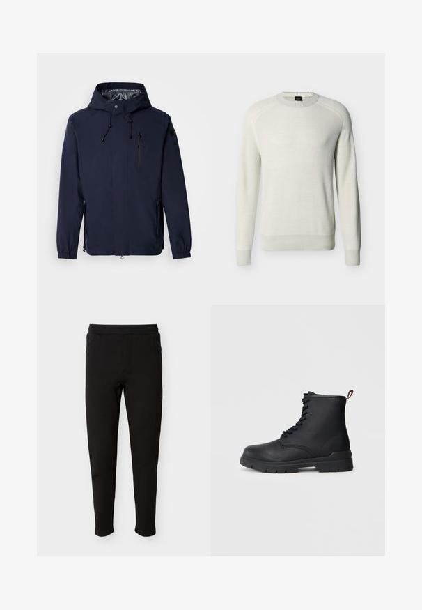 Merenvärinen vedenpitävä takki hupulla, säädettävillä nyöreillä, vetoketjullinen rintatasku ja joustavat hihansuut. Sujuva ja kevyt kangas.; Off-white pitkähihaisen pyöreäkauluksisen neuleen hihoissa, helmassa ja kaula-aukossa on resorit, taustalla yksivärinen.; Mustat slim-fit-housut, joissa on joustava vyötärönauha ja sivuilla vetoketjulliset taskut, suunniteltu mukavuutta ja rentoa käyttöä varten.; Musta nahkainen nilkkabootsi, jossa on nauhoitus edessä, paksu kumipohja ja punainen vetolenkki kannassa, esiteltynä vaaleaa taustaa vasten.