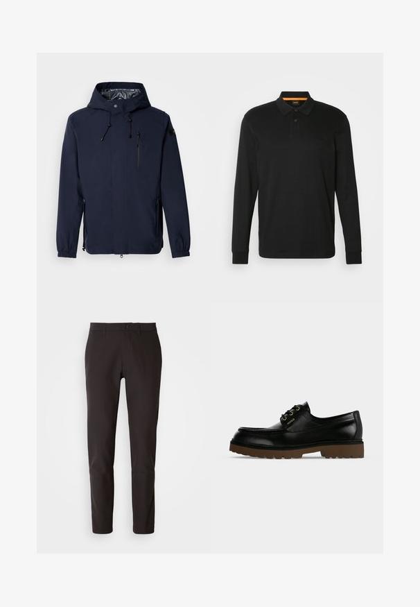 Veste imperméable bleu marine avec capuche, cordons réglables, poche poitrine zippée et poignets élastiques. Tissu lisse et léger.; Polo shirt noir à manches longues en coton. Il présente un col classique, une patte de boutonnage à deux boutons et un logo en relief sur la poitrine.; Pantalons noirs en tissu lisse, à coupe droite, avec une taille standard dotée d'une fermeture à bouton, sans poches ni motifs visibles.; Chaussure noire en cuir à coupe basse avec une semelle épaisse brun rainurée, devant à lacets, et logo doré "Hugo" sur le panneau latéral.