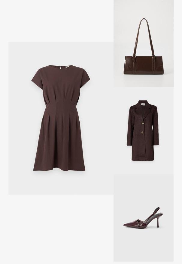 Manteau long en daim marron avec un col à revers, deux grands boutons et une silhouette droite. Texture lisse avec un design minimaliste.; Robe marron foncé longueur genou avec manches courtes, taille ajustée, plis et encolure ronde sur un fond uni.; Escarpin slingback en cuir verni bordeaux avec bout pointu, fine bride à la cheville et petit détail décoratif de boucle. Texture lisse et talon haut.; Sac à main en cuir verni marron de forme rectangulaire, avec deux longues poignées et des accents courbés subtils à l'avant.