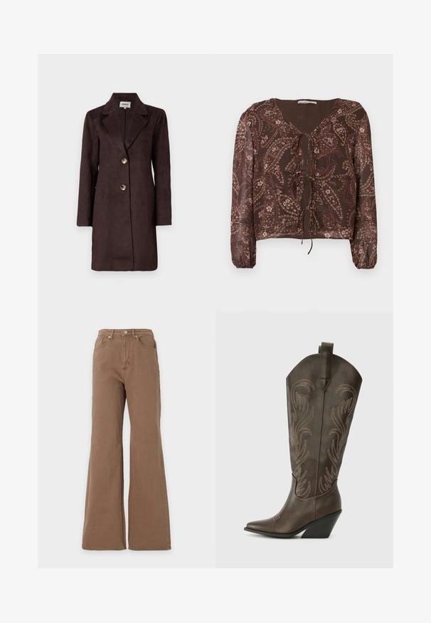 Manteau long en daim marron avec un col à revers, deux grands boutons et une silhouette droite. Texture lisse avec un design minimaliste.; Blouse marron à motif avec des manches longues élastiques, encolure en V et détail de nœud à l'avant. Présente des motifs floraux et paisley dans des couleurs douces.; Jean marron taille haute avec jambe évasée, fermeture par boutons sur le devant, poches avant et arrière, présenté sur un fond uni.; Botte de cowboy en cuir marron avec un embout pointu, un talon compensé et des broderies décoratives. Dispose d'un long tige et d'une languette de tirage.