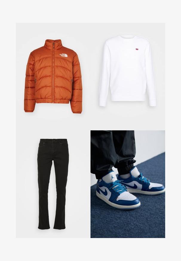 En pufferjakke i orange med høj krave, lynlåslukning, stikninger og logo på venstre bryst. To sidelommer.; Hvid sweatshirt lavet af bomuld. Har rund hals, lange ærmer og et lille rødt logo på brystet. Blød tekstur med ribbede manchetter.; Sorte jeans lavet af en bomuldsblanding, med straight leg design, fem-lomme stil, frontknaplukning og minimale syninger detaljer.; Nike Air Jordan sneakers har en hvid læderbase med blå syntetiske detaljer, en perforeret tåboks og blå snørebånd.