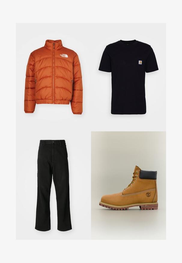 Doudoune orange, avec un col montant, une fermeture éclair, des motifs cousus et un logo sur la poitrine gauche. Deux poches latérales.; T-shirt en coton noir à manches courtes, col rond et poche poitrine avec un petit patch logo carré. Design simple et uni.; Jean noir à jambe droite avec fermeture à boutons, passant de ceinture et poches avant sur un fond blanc uni.; Bottine en cuir marron avec col noir, lacets jaunes et semelle beige. Présente un logo et des détails de couture blanche. Semelle extérieure à traction robuste.