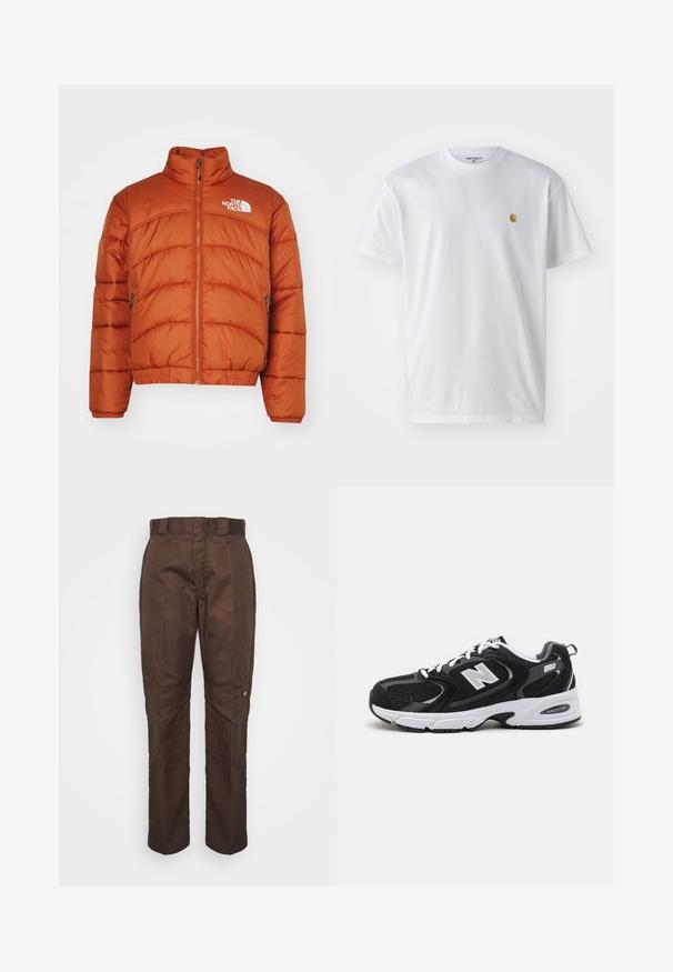 Doudoune orange, avec un col montant, une fermeture éclair, des motifs cousus et un logo sur la poitrine gauche. Deux poches latérales.; T-shirt en coton blanc à manches courtes, col rond, avec un petit logo doré sur la poitrine gauche. Texture douce et coupe régulière.; Pantalon marron à jambe droite avec une texture lisse. Présente des passants de ceinture, des coutures latérales et un petit logo de marque sur la jambe gauche.; Baskets de sport noires et grises avec un tige en mesh et en suède, présentant une semelle intermédiaire blanche, des lacets et un logo "N" audacieux sur le côté.